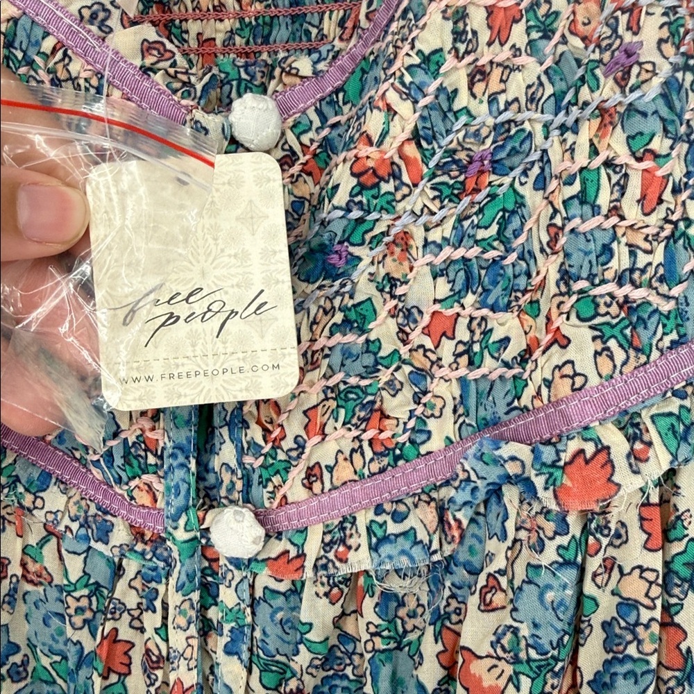 Free People NWT Floral Smocked Button Midi Dress Size L Blossom Combo Boho - Picture 5 of 9